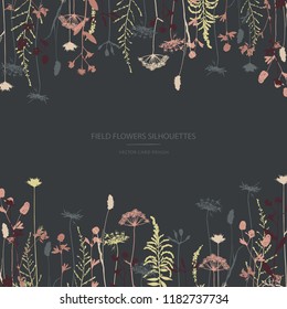 Vector silhouettes collection. Set of field herbs, flowers. Card design.