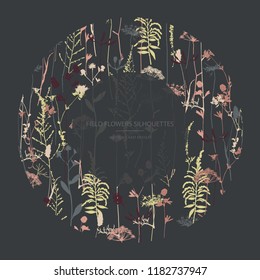 Vector silhouettes collection. Set of field flowers, herbs. Card design.