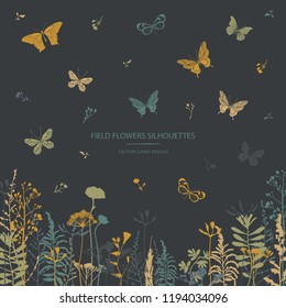Vector silhouettes collection. Set of field flowers, herbs and butterflies. Card design. Label design.