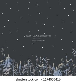 Vector silhouettes collection. Set of field flowers, herbs. Card design. Frozen effect.