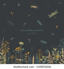 Vector silhouettes collection. Set of field flowers, herbs and dragonflies. Card design. Label design.
