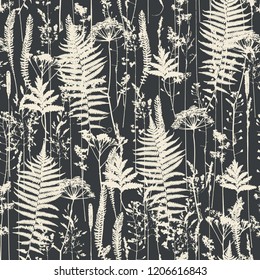 Vector silhouettes collection. Set of field flowers, herbs. Element of seamless pattern. Paper design. Print element. Monochrome.