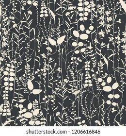 Vector silhouettes collection. Set of field flowers, herbs. Element of seamless pattern. Paper design. Print element. Monochrome.