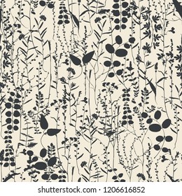 Vector silhouettes collection. Set of field flowers, herbs. Element of seamless pattern. Paper design. Print element. Monochrome.