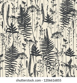 Vector silhouettes collection. Set of field flowers, herbs. Element of seamless pattern. Paper design. Print element. Monochrome.