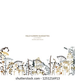 Vector silhouettes collection. Set of field flowers, herbs. Card design.