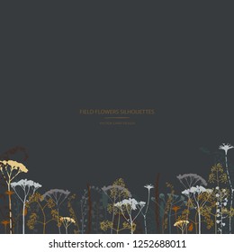 Vector silhouettes collection. Set of field herbs, flowers. Card design. Cover design.