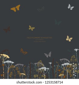 Vector silhouettes collection. Set of field flowers, herb and butterflies. Card design. Label design.