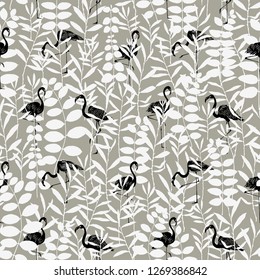 Vector silhouettes collection. Set of field flowers, herbs and flamingos. Element of seamless pattern. Paper design. Print element.