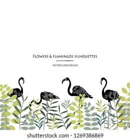 Vector silhouettes collection. Set of field flowers, herb and flamingos. Card design. Label design.
