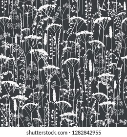 Vector silhouettes collection. Set of field flowers, herbs. Element of seamless pattern. Paper design. Print element. Monochrome.