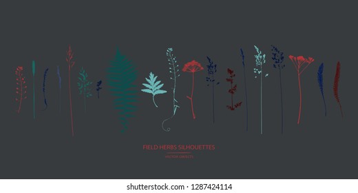 Vector silhouettes collection. Set of field flowers, herbs.