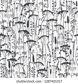Vector silhouettes collection. Set of field flowers, herbs. Element of seamless pattern. Paper design. Print element. Monochrome.