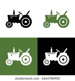 Vector Silhouettes Combine Harvester Set in black, green and white on white, green and black background