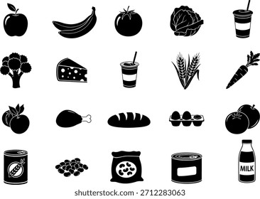 Vector silhouettes of common food items like fruits, vegetables, dairy, grains, and meat, perfect for dietary designs.