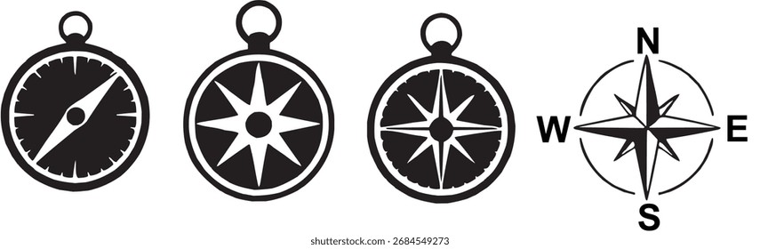 Siluetas de Vector de íconos de brújula en diferentes estilos, perfectas para diseños de navegación, viajes y dirección.