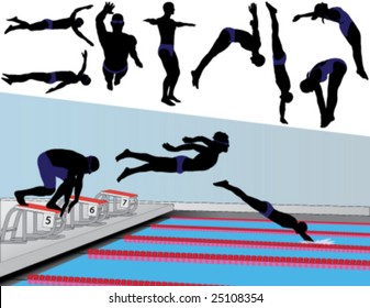 Vector silhouettes of competitive swimmers and divers.