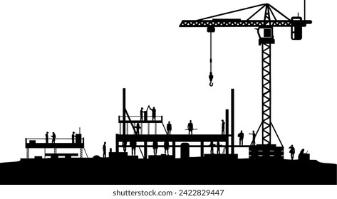 Sector de construcción de siluetas vectoriales - construcción de obra con grúa de construcción y trabajadores - fase de proyecto de construcción - arquitecto