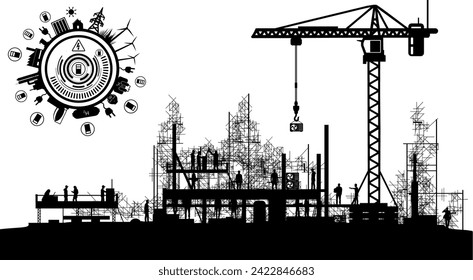 Vector silhouettes construction industry - building construction site with construction crane and workers - construction project phase energy - building services, technology, supply