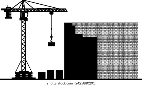 Siluetas vectoriales industria de la construcción - construcción de la sala de obra con grúa de construcción y carretilla elevadora - proyecto de construcción de fachada