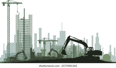 Vector silhouettes construction industry - construction machinery and cranes in use on construction sites - industry and plants investments in the economy and in companies - location city - industrial