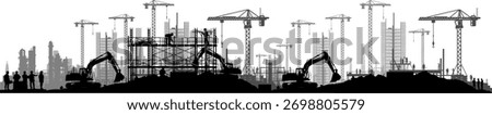 Vector silhouettes of the construction industry - construction machinery and cranes in use on construction sites - industry and plant investments in the economy and companies - excavators