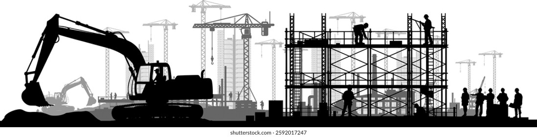 Vector silhouettes - construction site with engineers architects and workers - construction industry with industry and construction crane skyline in the background - growth and investment