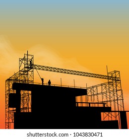 Vector silhouettes of construction site, sunset background, shadow image, three men work on scaffolding.