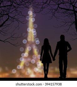 Vector Silhouettes of couple against the Eiffel Tower and sunset sky