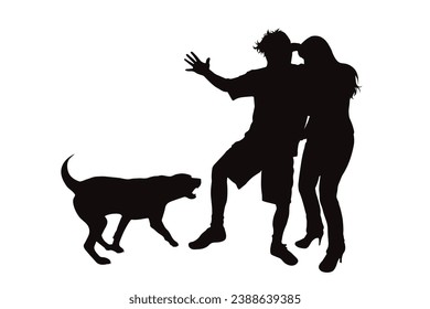 Vektorsilhouetten von Paaren mit aggressivem Hund auf weißem Hintergrund. Symbol des Begleiters und Angriffs.