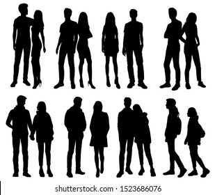 Vector silhouettes of couple  men and a women, a group of standing business people, black color isolated on white background