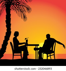 Vector silhouettes of couple sitting at the table.