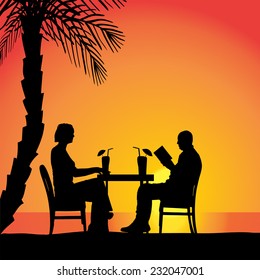 Vector silhouettes of couple sitting at the table.