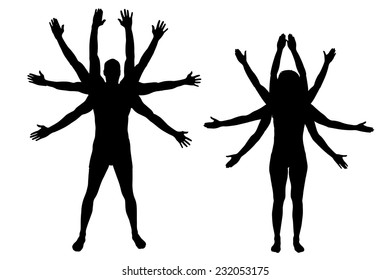 Vector silhouettes of couple that have a lot of hands.