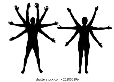 Vector silhouettes of couple that have a lot of hands.