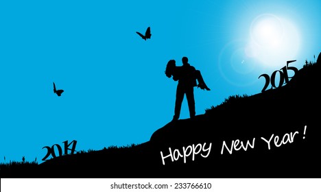 Vector silhouettes of couple who celebrate the new year.