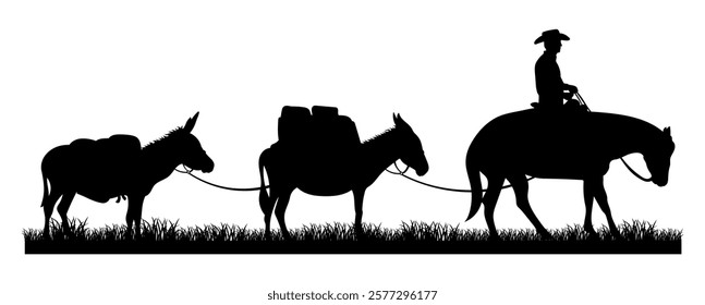 Vector Silhouettes of a Cowboy on Horseback Leading Pack Mules