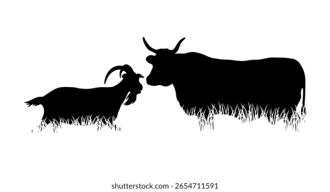 Vector Silhouettes of Cows and Goats Grazing on Grass. Farm Animal Shadow on White Background for Agriculture and Rural Themes