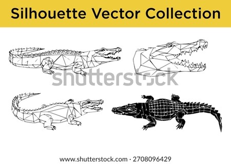 Vector silhouettes of crocodiles and alligators in geometric and solid styles, ideal for various graphic design uses.