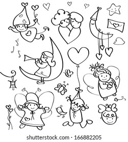Vector silhouettes cute angels for design.