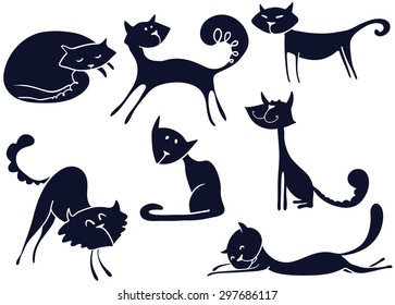 Vector silhouettes of cute cats. Black and white doodle collection with cute domestic pets. Design with animals in children's style. Vector illustration