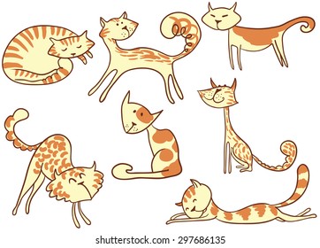 Vector silhouettes of cute cats. Colorful doodle collection with cute domestic pets. Design with animals in children's style. Vector illustration