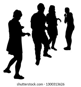 Vector silhouettes of dancing adults three women and a man, a group of people standing full-length sideways isolated on white background black figures.