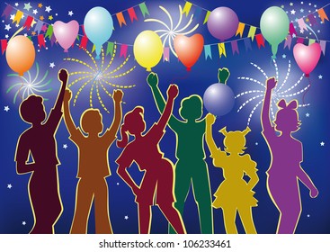 Vector silhouettes of dancing children with balloons in the background of fireworks during the holiday.