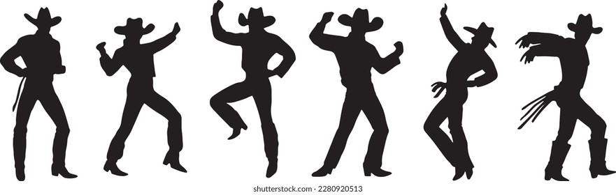 Vector silhouettes of dancing cowboys. Cheerful guys dance in a line