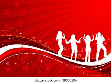 Vector silhouettes dancing man and women on wave pattern, vector illustration