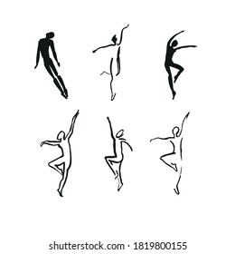 Vector silhouettes of dancing people. Hand drawn outline ballet figure. Graphic template for dance school or theatre