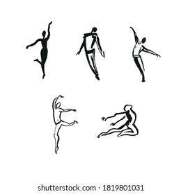 Vector silhouettes of dancing people. Hand drawn outline ballet figure. Graphic template for dance school or theatre