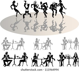 Vector silhouettes of dancing people in restaurant.