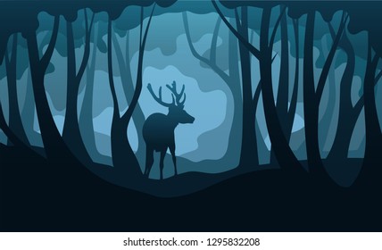 Vector silhouettes of deer and forest at early morning or night mistery illustration